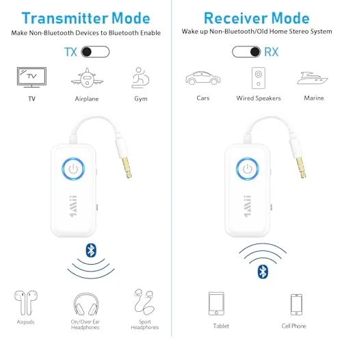 1Mii Bluetooth 5.3 Transmitter Receiver for Airplane/TV to 2 Headphones/AirPods, Dual Links Wireless Audio Adapter w/aptx Low Latency/HD/AptX Adaptive, 3.5mm Aux Bluetooth Adapter for Cars, Gym, Boat