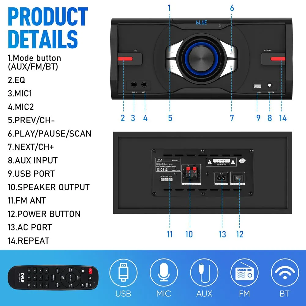3-Piece Wireless Bt Streaming Stereo System - Mini System For Home With Mp3, Usb, Fm Radio, Bass Reflex Speaker, And Remote Control