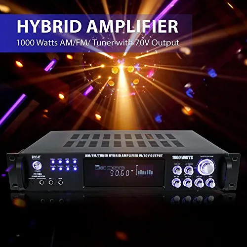 4-Channel Home Audio Power Amplifier - w/ 70V Output - 1000 Watt Rack Mount Stereo Receiver w/ AM FM Tuner, Headphone, Microphone Input for Karaoke, Great for Commercial Entertainment Use - Pyle PT720A
