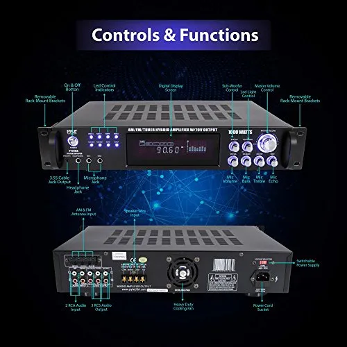 4-Channel Home Audio Power Amplifier - w/ 70V Output - 1000 Watt Rack Mount Stereo Receiver w/ AM FM Tuner, Headphone, Microphone Input for Karaoke, Great for Commercial Entertainment Use - Pyle PT720A