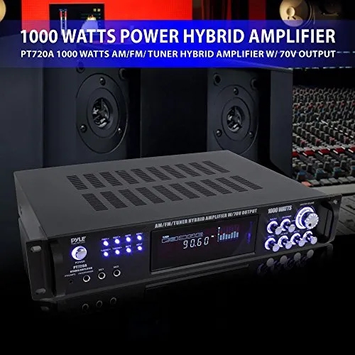 4-Channel Home Audio Power Amplifier - w/ 70V Output - 1000 Watt Rack Mount Stereo Receiver w/ AM FM Tuner, Headphone, Microphone Input for Karaoke, Great for Commercial Entertainment Use - Pyle PT720A