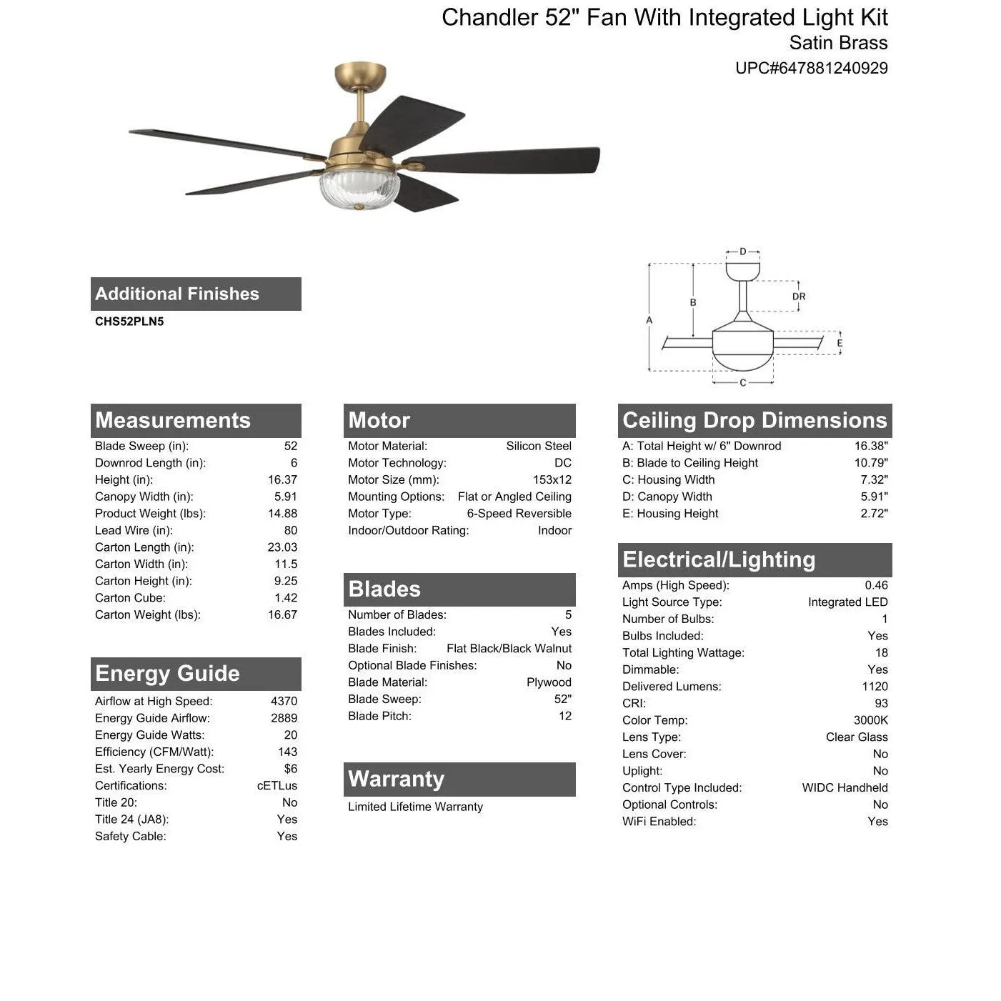 52" Chandler in Satin Brass w/ Flat Black/Black Walnut Blades