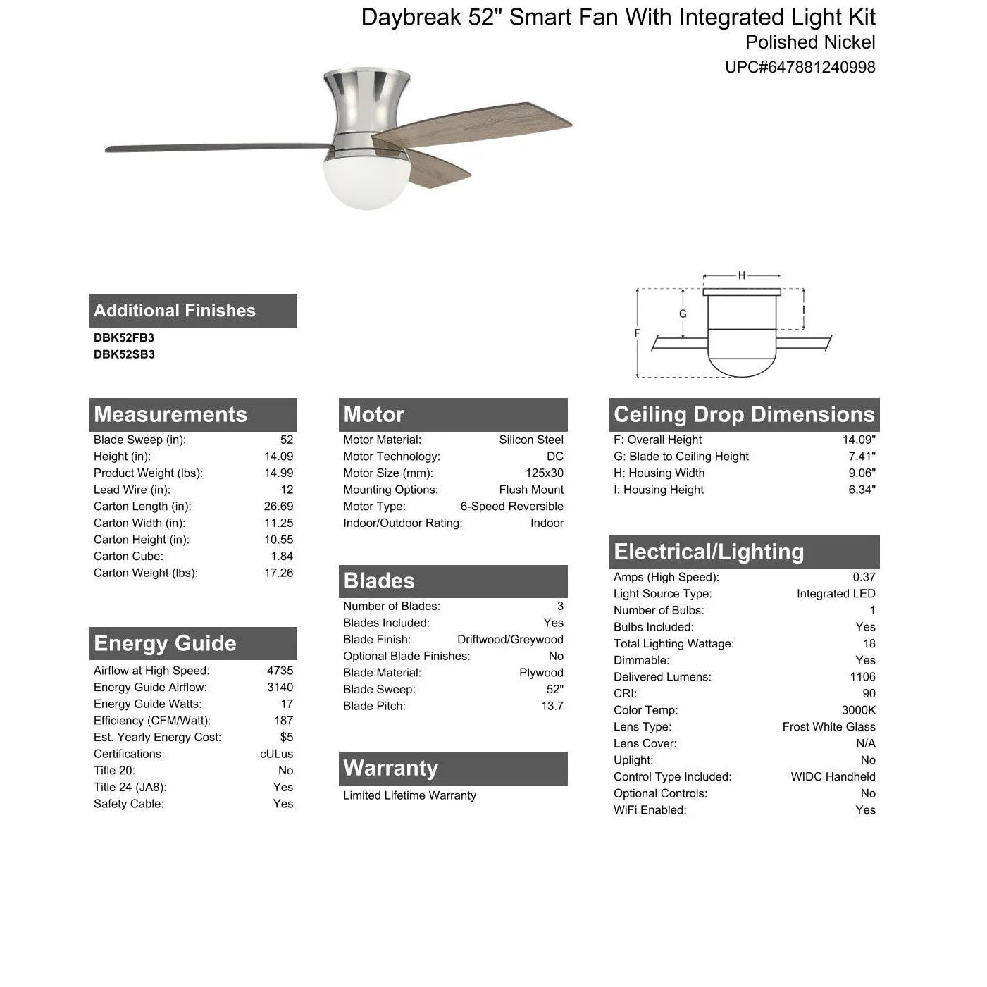 52" Daybreak in Polished Nickel w/ Driftwood/Greywood Blades