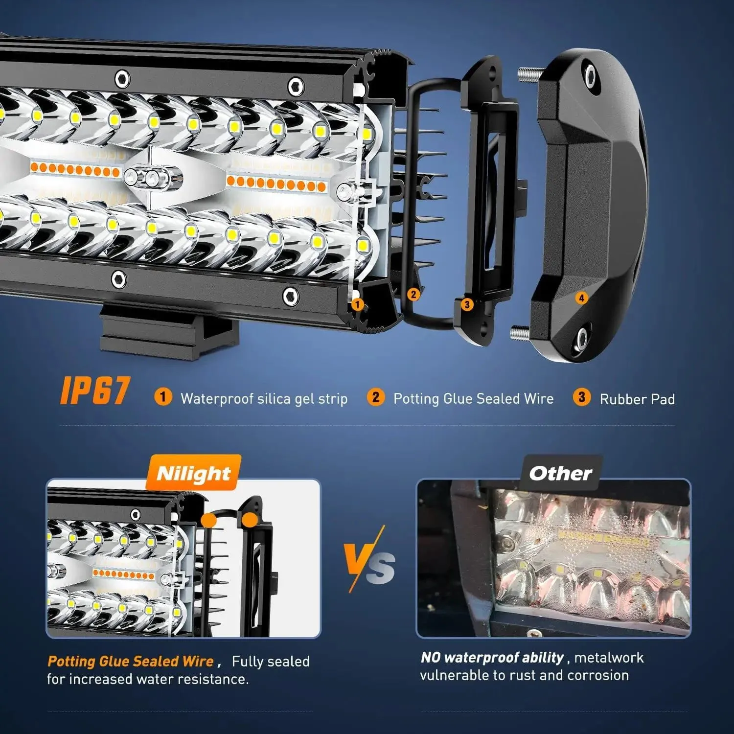 6.5 Inch 120W Triple Row Amber White Spot Flood LED Light Bars (Pair) | 16AWG DT Wire