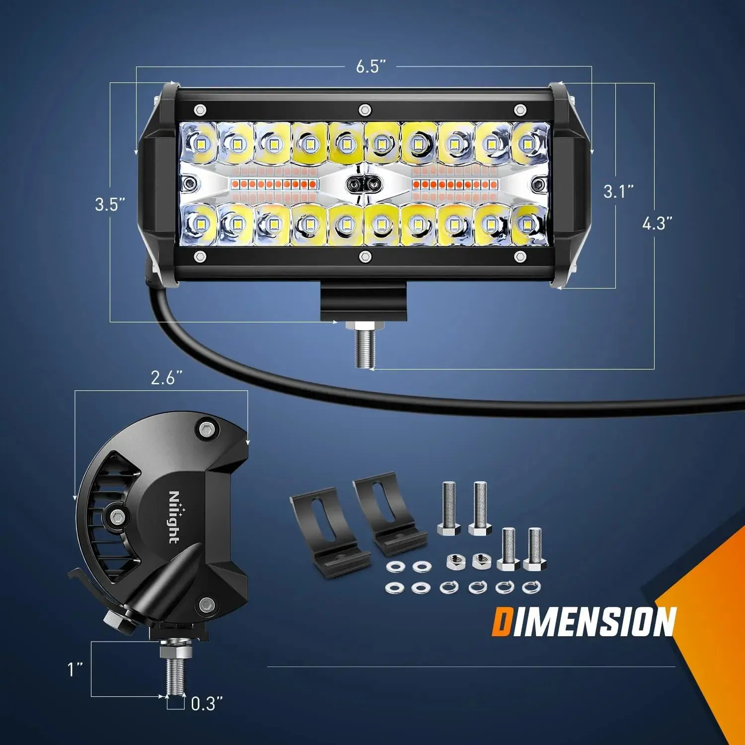 6.5 Inch 120W Triple Row Amber White Spot Flood LED Light Bars (Pair) | 16AWG DT Wire