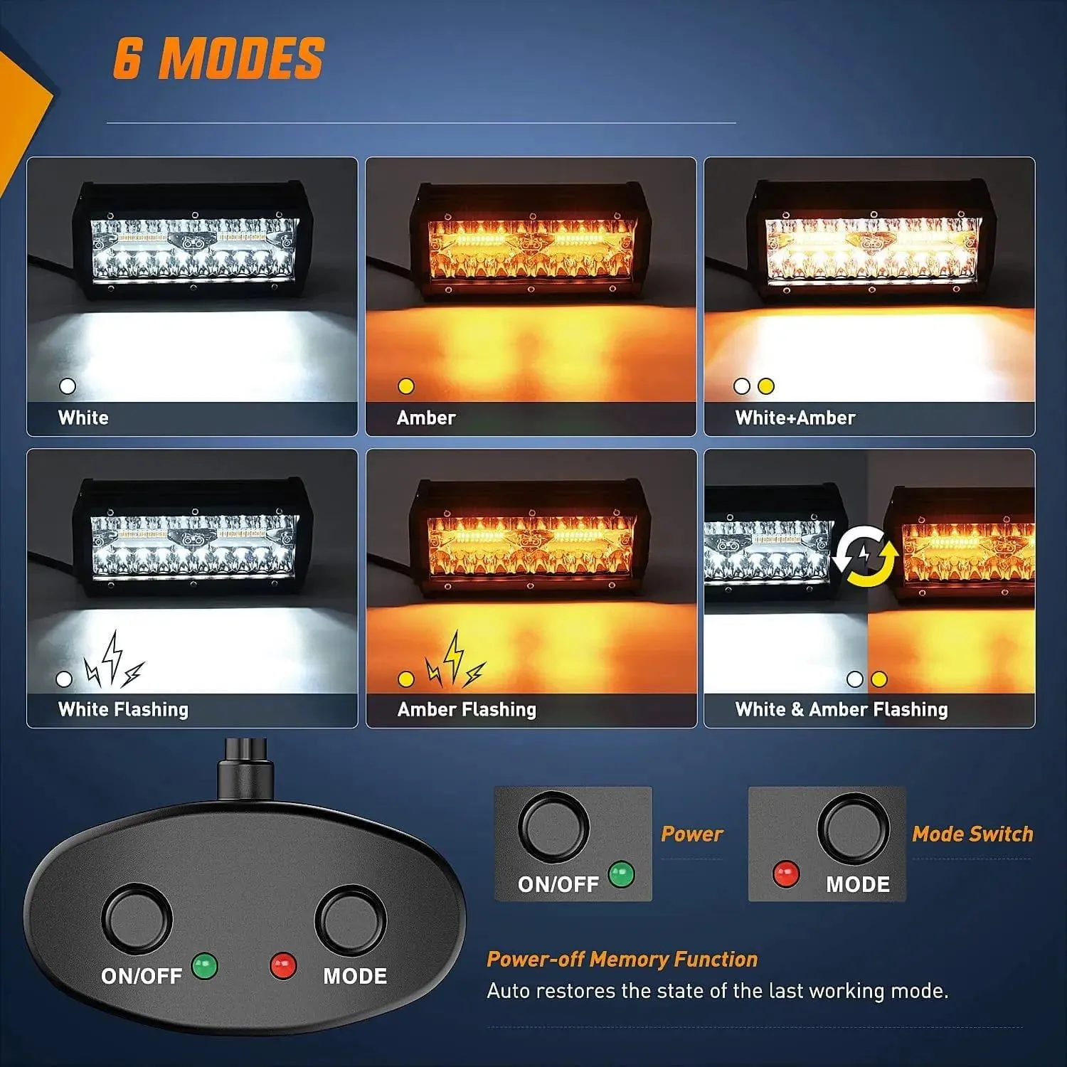 6.5 Inch 120W Triple Row Amber White Spot Flood LED Light Bars (Pair) | 16AWG DT Wire