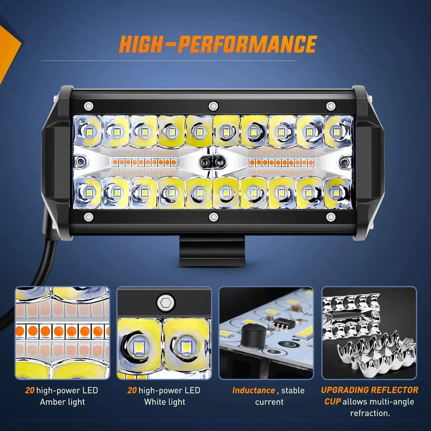6.5 Inch 120W Triple Row Amber White Spot Flood LED Light Bars (Pair) | 16AWG DT Wire