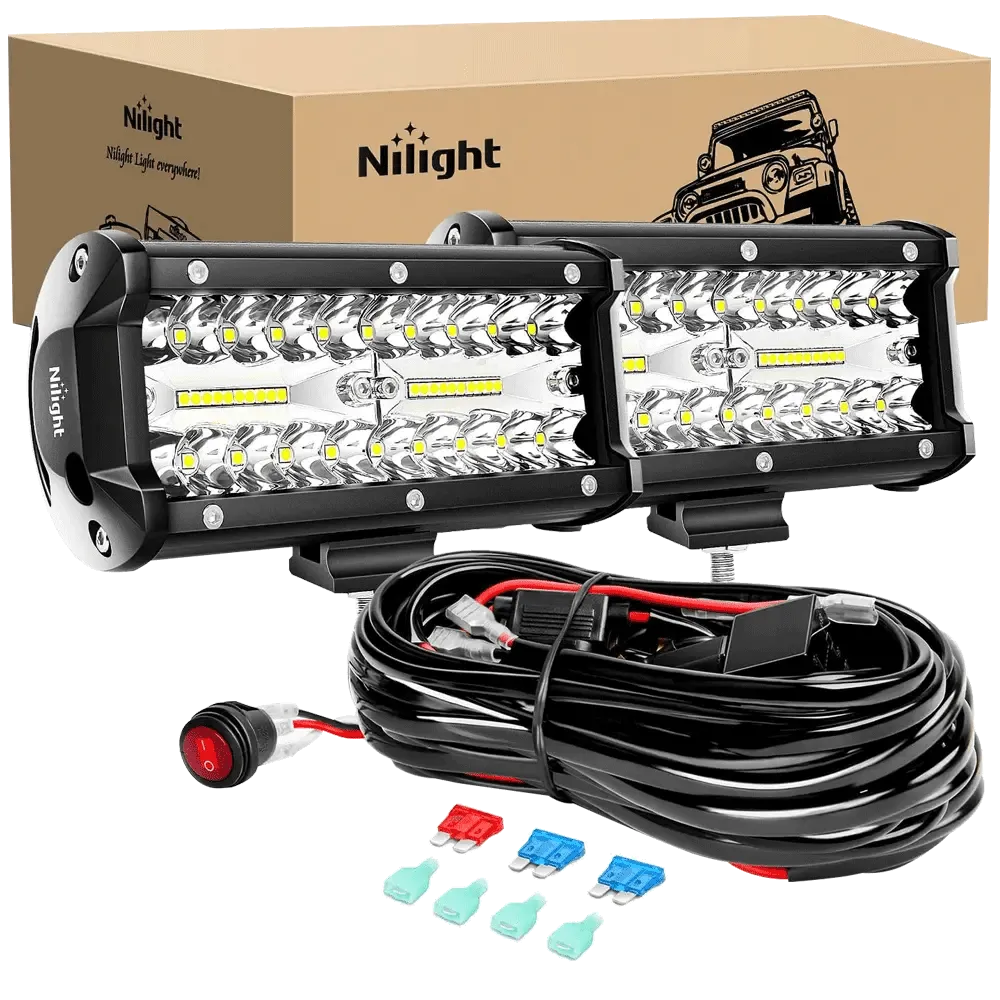 6.5 Inch 120W Triple Row Spot Flood LED Light Bars (Pair) | 16AWG Wire 3Pin Switch