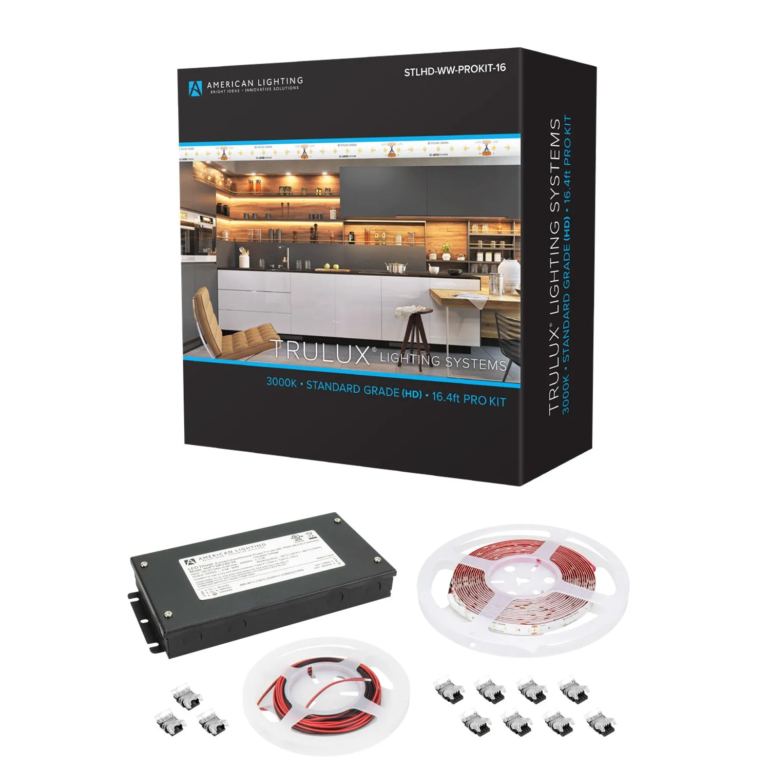 AMERICAN LIGHTING STLHD-WW-PROKIT-16 - 16.4FT TRULUX PRO KIT STANDARD HIGH DENSITY 3000K, 2.19W PER FT, 24V, direct wire driver ADPT-DRJ-60-24, (1) 15FT 2PIN wire (20AWG), (3) 2pin Tape to Tape snap connector, (6) 2pin Tape to wire snap connector