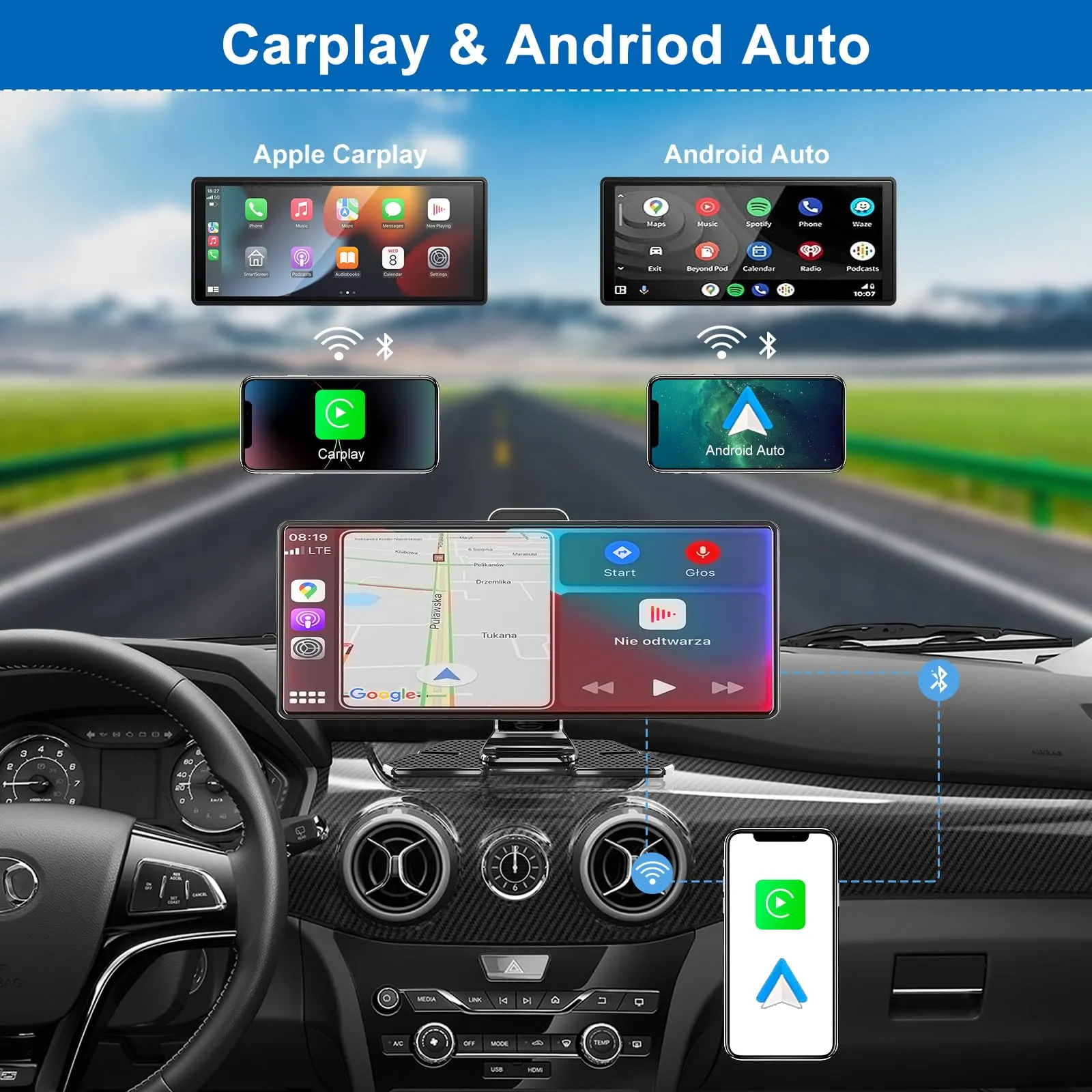Apple Carplay Screen for Car,10.26" HD Portable Touch Screen Car Stereo Play Car Audio Receivers with Wireless Android Auto,4K Dash Cam/1080P Rear Camera,GPS Navigation,Mirror Link,Bluetooth,FM,Siri