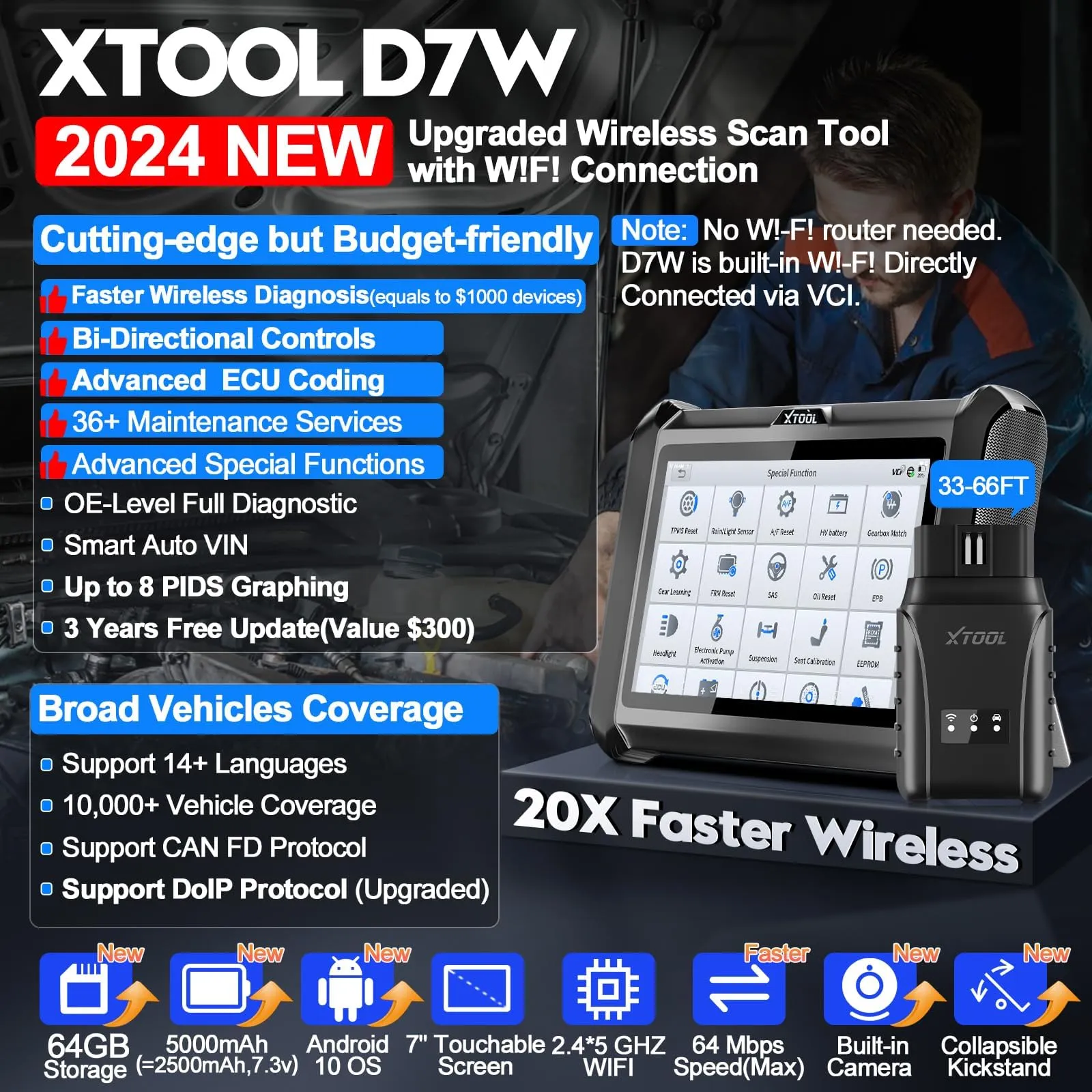 Bidirectional Scan Tool XTOOL D7W: Wireless Ver. of D7/D7S, OBD2 Scanner with 3-Year Updates, ECU Coding, CAN FD/DoIP, 36  Resets, Crank Sensor Relearn, All System Scanner for Car