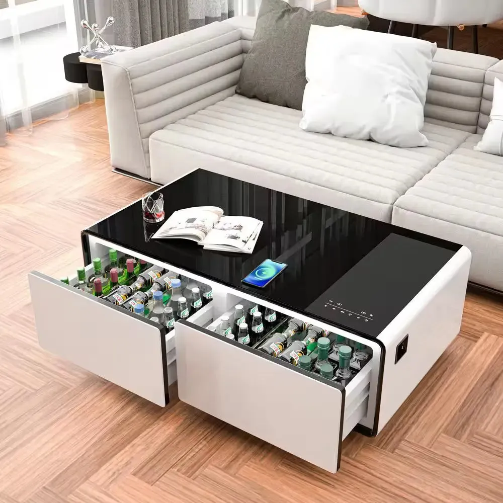 Coffee Table Fridge 27 In. 25 Cu. Ft. Retro Mini Refrigerator in White Black, Bluetooth Speaker, Wireless Charging