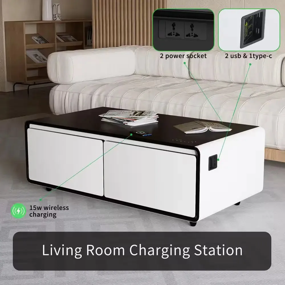 Coffee Table Fridge 27 In. 25 Cu. Ft. Retro Mini Refrigerator in White Black, Bluetooth Speaker, Wireless Charging