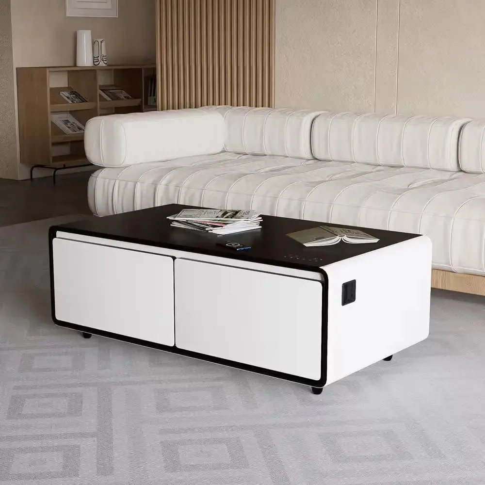 Coffee Table Fridge 27 In. 25 Cu. Ft. Retro Mini Refrigerator in White Black, Bluetooth Speaker, Wireless Charging