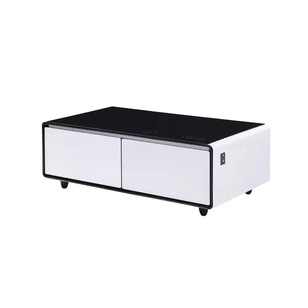 Coffee Table Fridge 27 In. 25 Cu. Ft. Retro Mini Refrigerator in White Black, Bluetooth Speaker, Wireless Charging