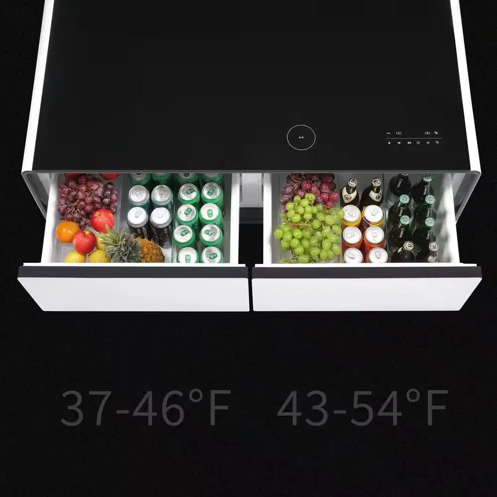 Coffee Table Fridge 27 In. 25 Cu. Ft. Retro Mini Refrigerator in White Black, Bluetooth Speaker, Wireless Charging