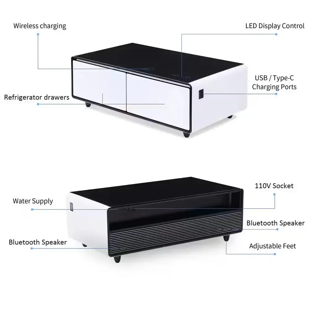 Coffee Table Fridge 27 In. 25 Cu. Ft. Retro Mini Refrigerator in White Black, Bluetooth Speaker, Wireless Charging