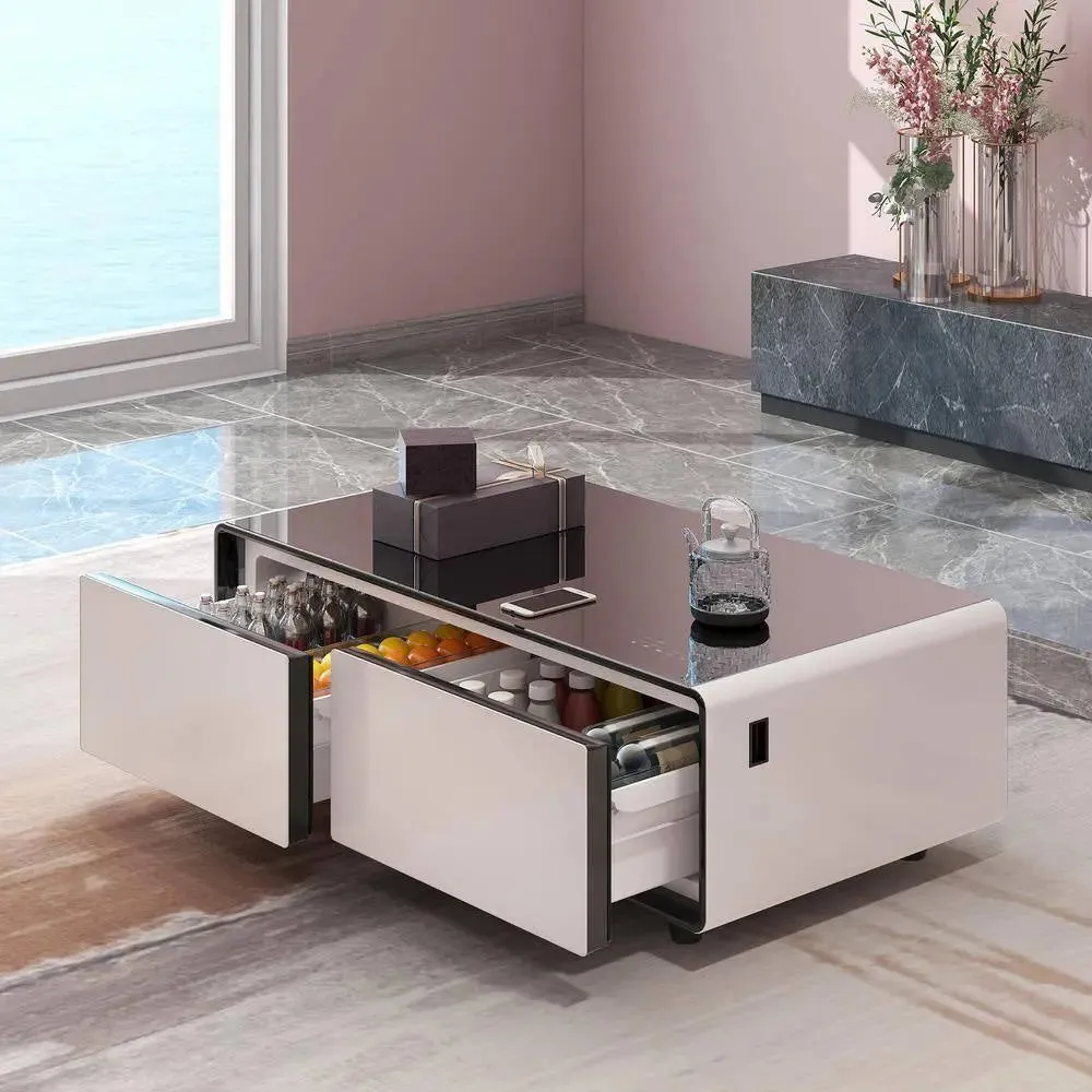 Coffee Table Fridge 27 In. 25 Cu. Ft. Retro Mini Refrigerator in White Black, Bluetooth Speaker, Wireless Charging