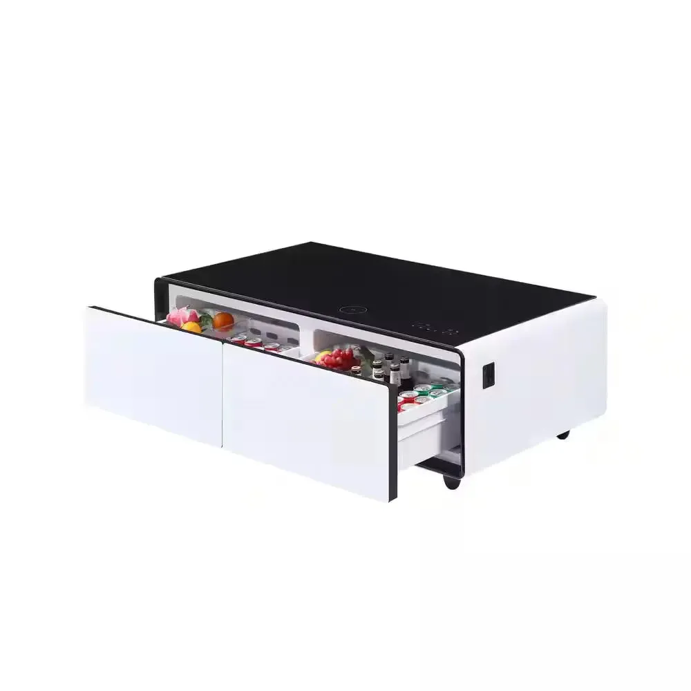 Coffee Table Fridge 27 In. 25 Cu. Ft. Retro Mini Refrigerator in White Black, Bluetooth Speaker, Wireless Charging