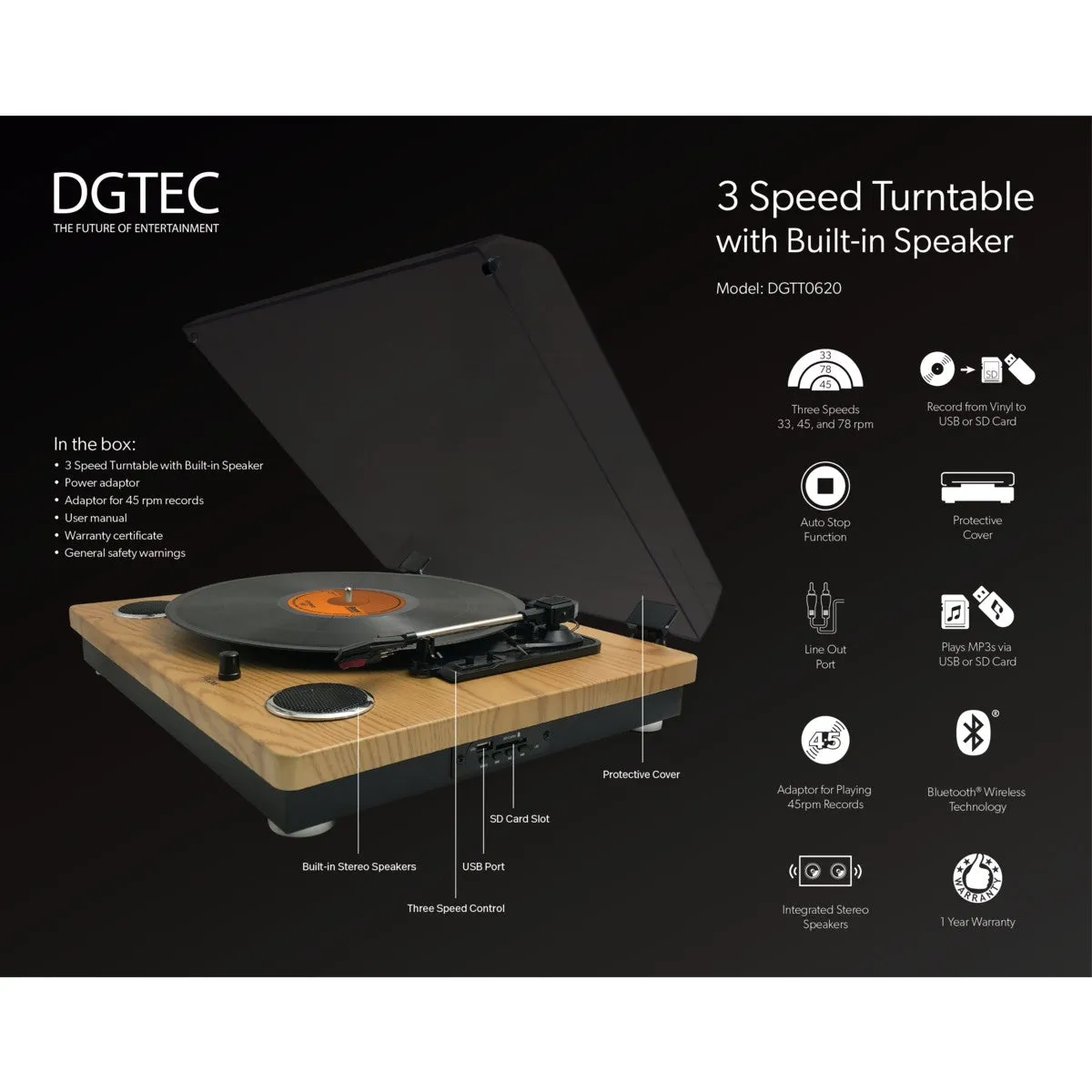 DGTEC Turntable With Built-in Speakers / RV-N120BA / 3 Speed Control