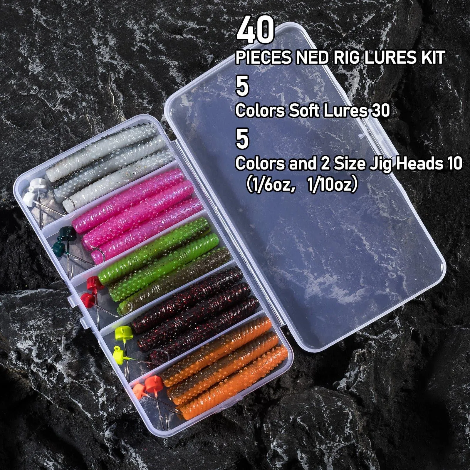 Dr.Fish 40pcs Worm Lure & Rig Jig Head kit (3/32-3/16oz)