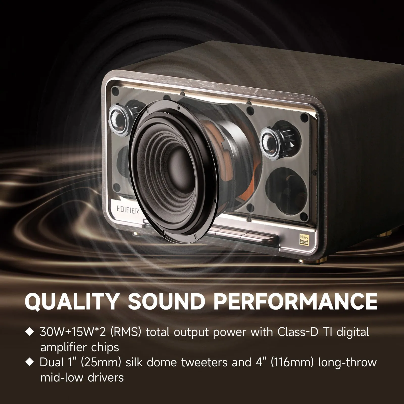 Edifier Tabletop Bluetooth Speakers Portable Wireless Speaker Wi-Fi Bluetooth Compatible AirPlay2 (Black Walnut)