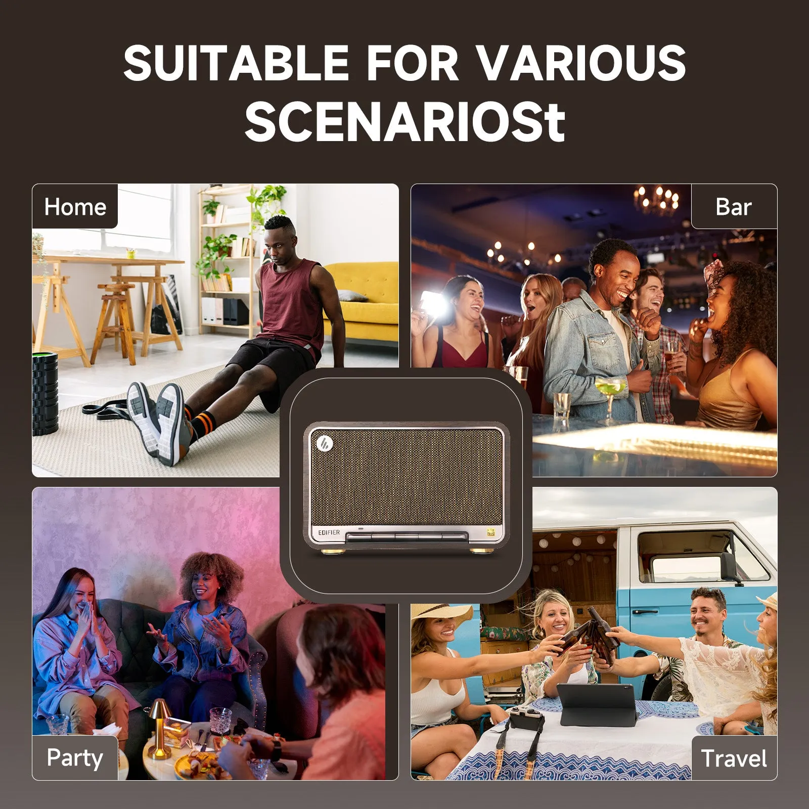 Edifier Tabletop Bluetooth Speakers Portable Wireless Speaker Wi-Fi Bluetooth Compatible AirPlay2 (Black Walnut)