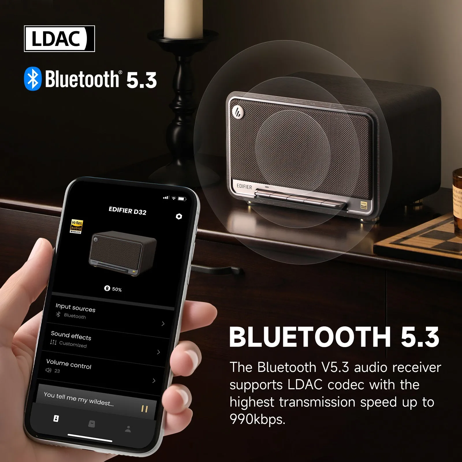 Edifier Tabletop Bluetooth Speakers Portable Wireless Speaker Wi-Fi Bluetooth Compatible AirPlay2 (Black Walnut)