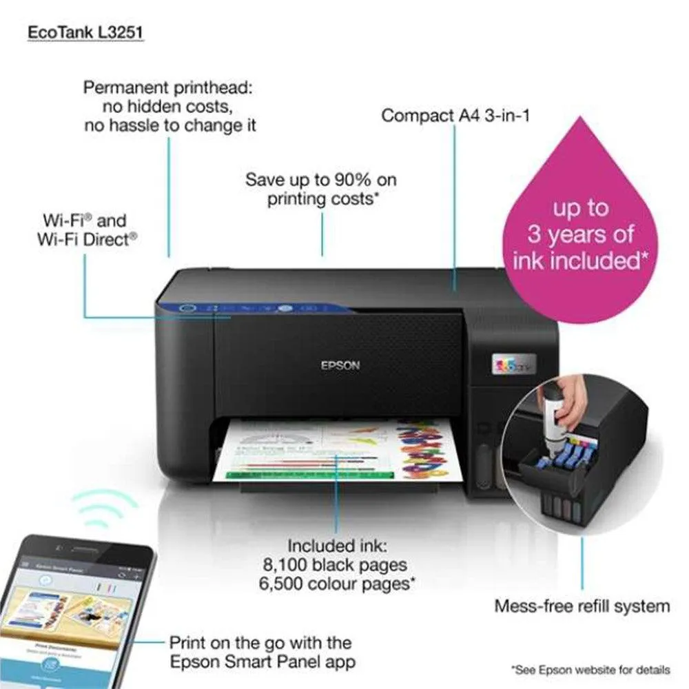 Epson EcoTank L3251 Wireless Printer Color (Print - Copy - Scan)