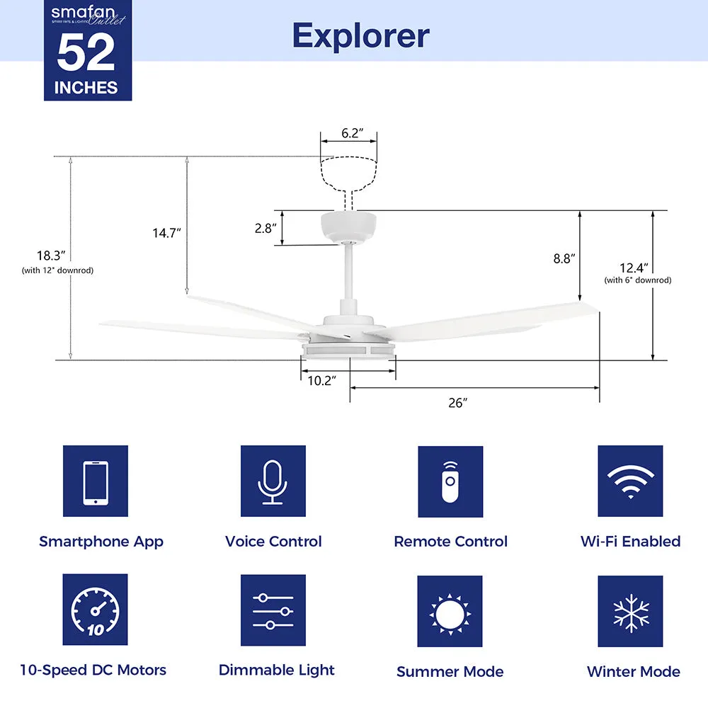 Explorer Smart Fan with LED Light and Remote Outdoor/Indoor 52 inch