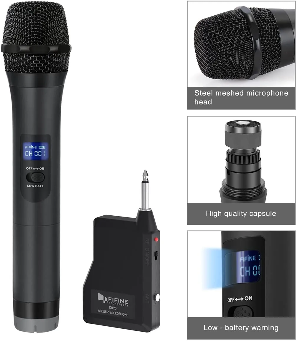 Fifine K025 Wireless Microphone Handheld Dynamic Mic System for Karaoke Nights House Parties Over the Mixer PA System Speakers