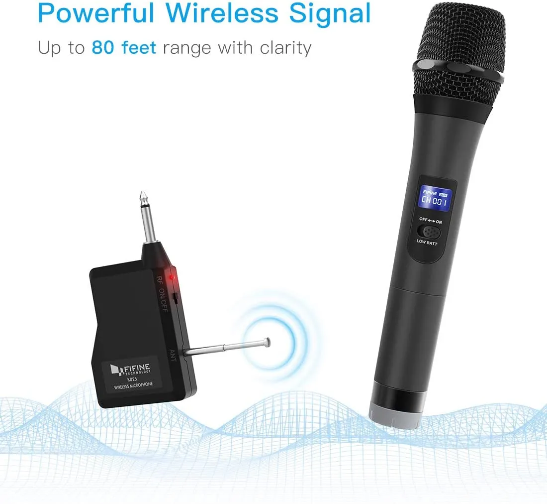 Fifine K025 Wireless Microphone Handheld Dynamic Mic System for Karaoke Nights House Parties Over the Mixer PA System Speakers