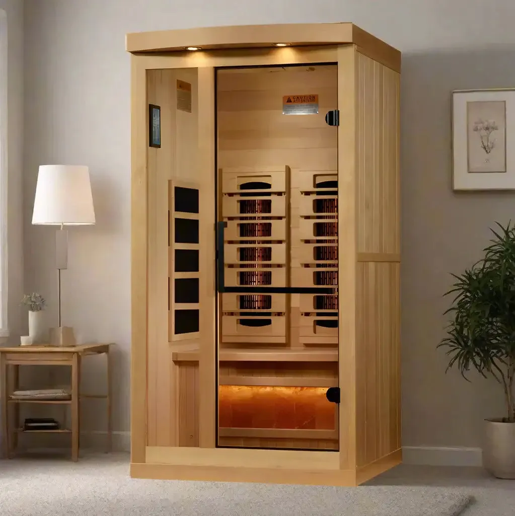 Golden Designs Reserve Edition 1-2 Person Full Spectrum Near Zero EMF FAR Indoor Infrared Sauna   Red Light Therapy w/ Himalayan Salt Bar | GDI-8010-03