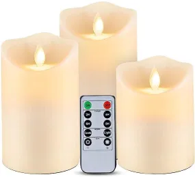 HEBEZON Flameless LED Candle Flickering Real Wax Faux Wick Moving Flame Effect Set of 3 Ivory Real Wax Pillar LED Candles Battery Operated with Remote Controller (Pack 1set