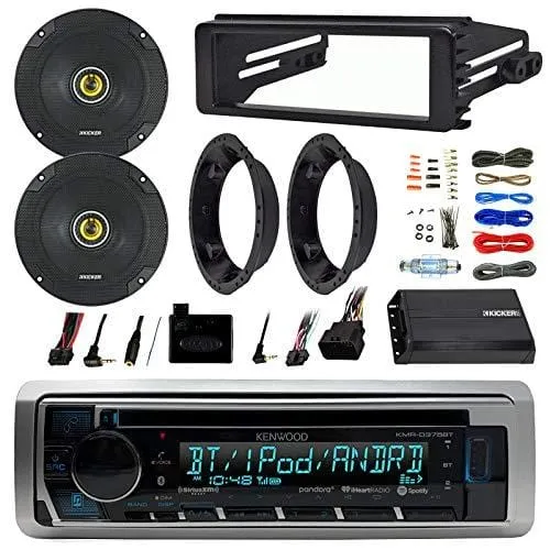 Kenwood KMRD372BT Stereo Bluetooth Receiver W/ Dash Kit Bundle Combo With 2x Kicker 6.5" Speakers W/ Adapter Brackets   Handle Bar Control For 98-2013 Harley Motorcycle   200 Watt Amp With Install Kit