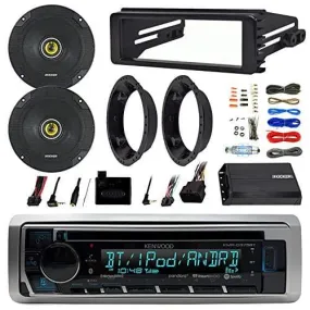 Kenwood KMRD372BT Stereo Bluetooth Receiver W/ Dash Kit Bundle Combo With 2x Kicker 6.5" Speakers W/ Adapter Brackets   Handle Bar Control For 98-2013 Harley Motorcycle   200 Watt Amp With Install Kit