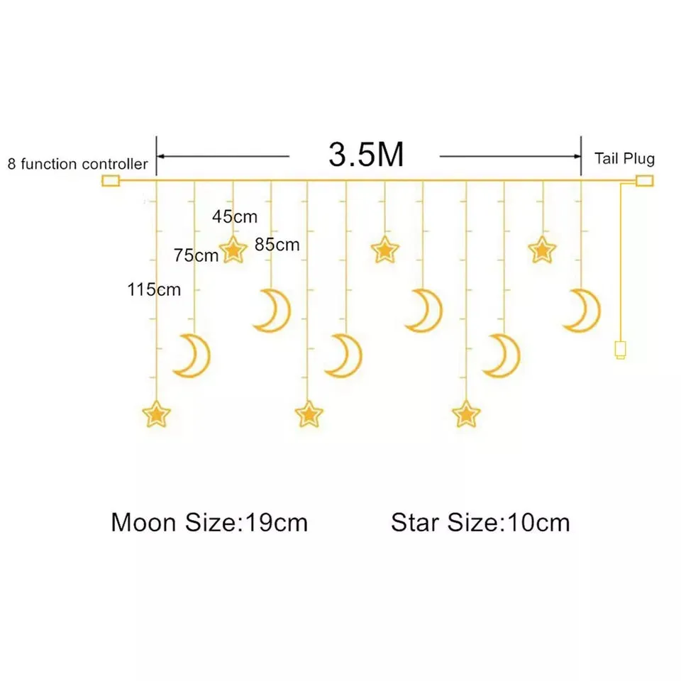Led Mubarak Star Moon Curtain String Lights