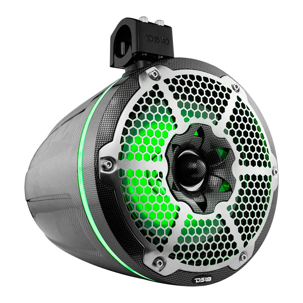 NXL 10" Neodymium Marine and Powersports Towers with Built-in Passive Radiator, 1" Driver and LED RGB Lights 300 Watts Rms -Black Carbon Fiber