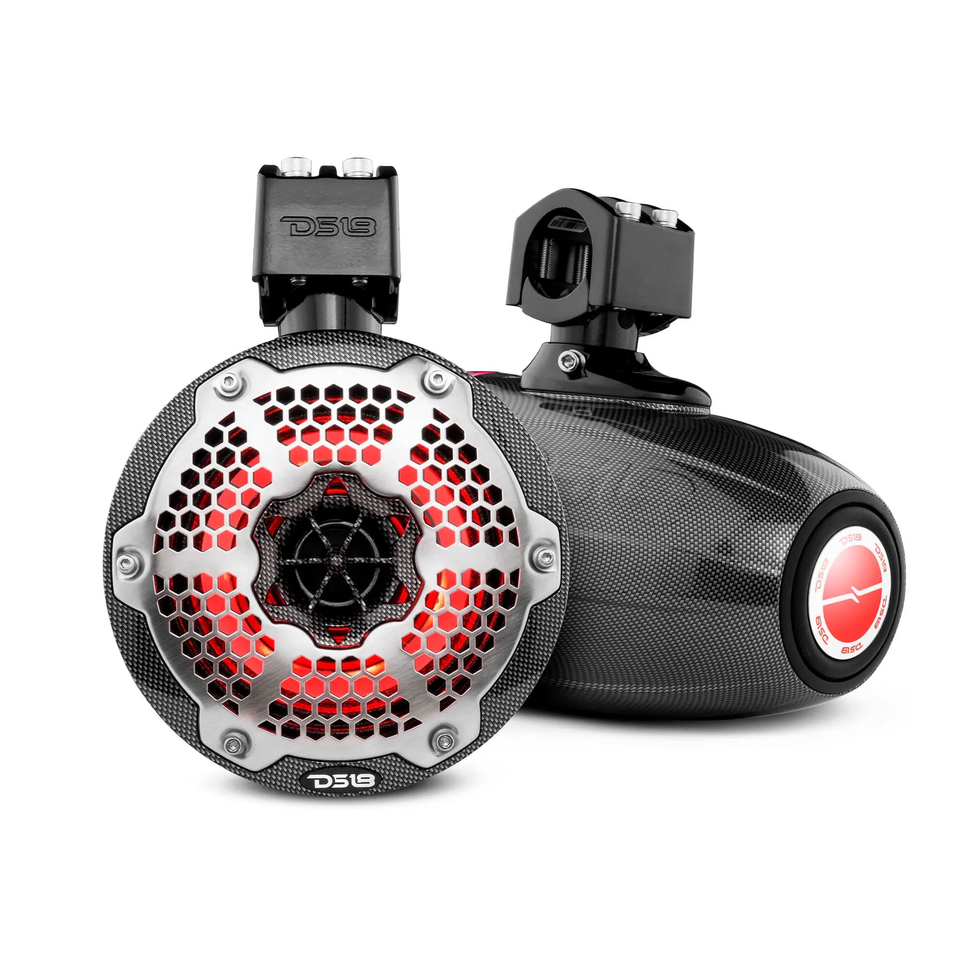 NXL 6.5" Neodymium Marine and Powersports Towers with Built-in Passive Radiator, 1" Driver and LED RGB Lights 150 Watts Rms -Black Carbon Fiber