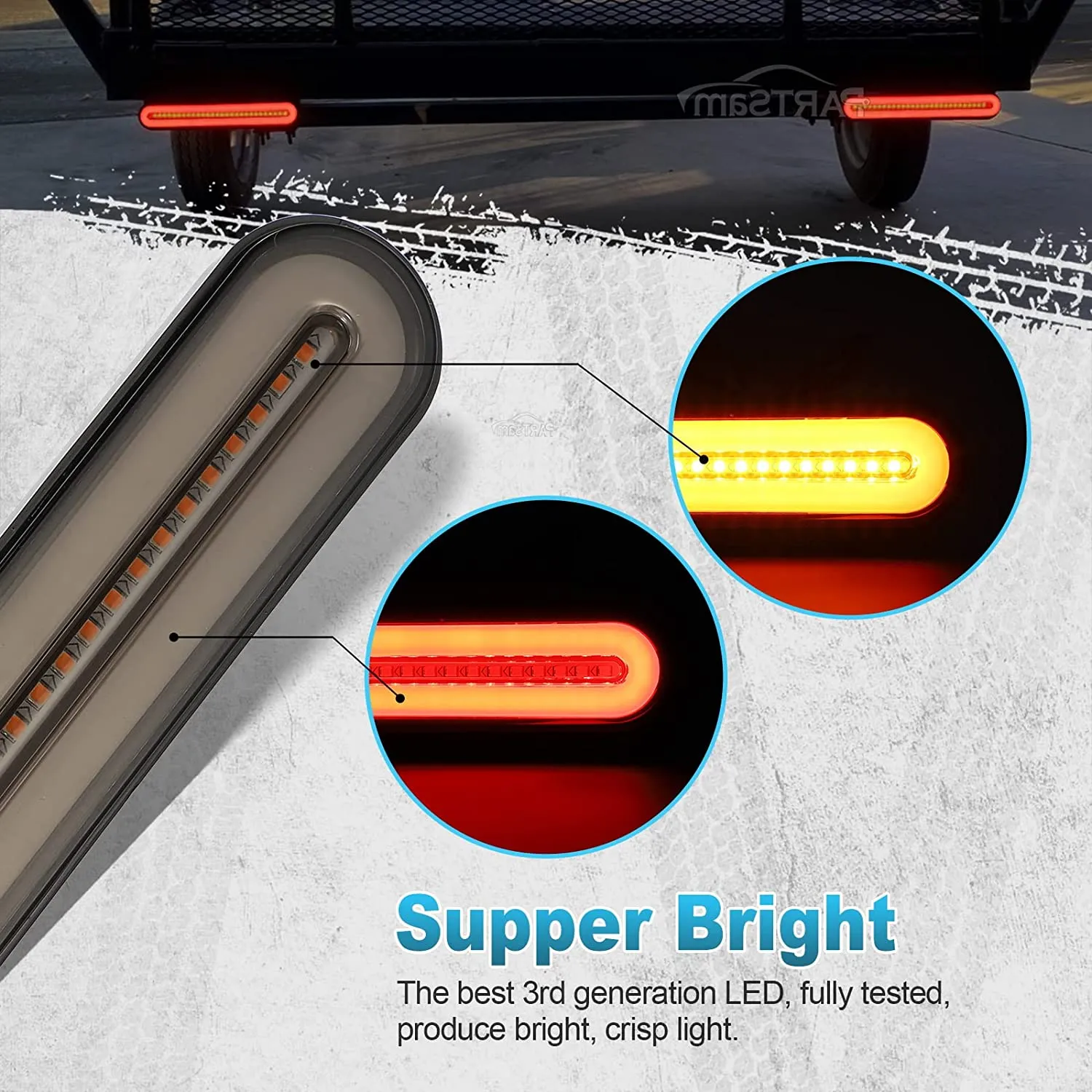 Partsam 1 Pair 9.5 inch Halo Neon Led Truck Trailer Tail Light Bar 100 LED 2835 SMD Amber Red Stop Flowing Turn Signal Brake Rear Tail Light Trailer Truck Smoke Lens