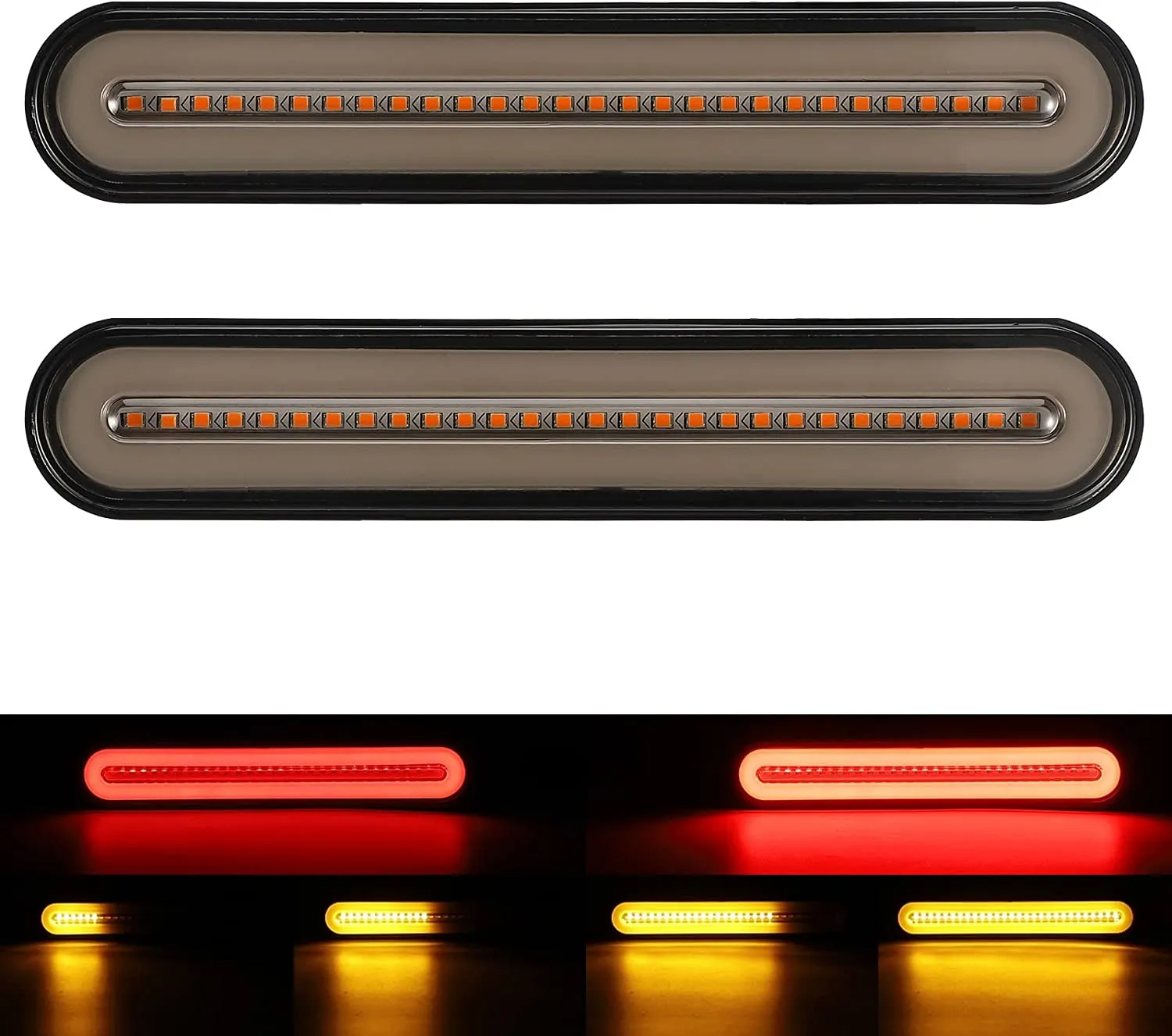 Partsam 1 Pair 9.5 inch Halo Neon Led Truck Trailer Tail Light Bar 100 LED 2835 SMD Amber Red Stop Flowing Turn Signal Brake Rear Tail Light Trailer Truck Smoke Lens