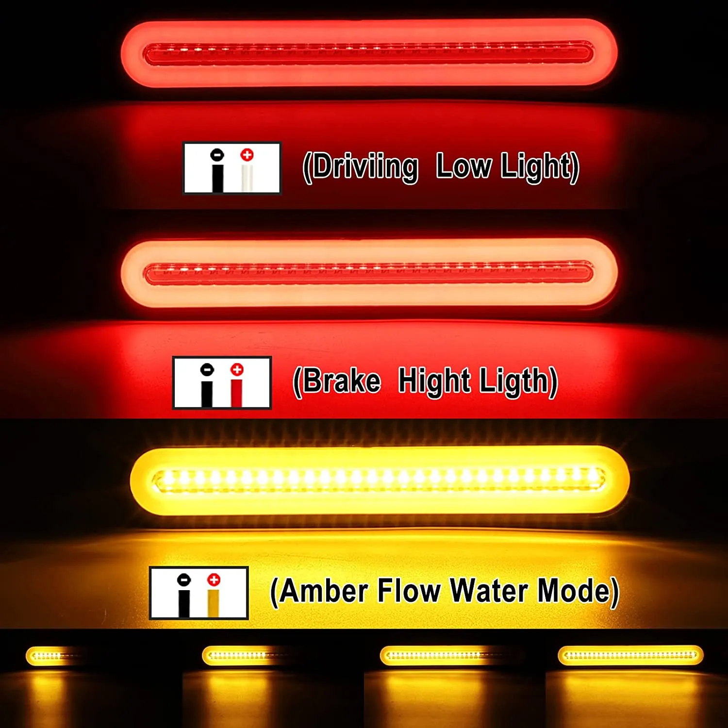 Partsam 1 Pair 9.5 inch Halo Neon Led Truck Trailer Tail Light Bar 100 LED 2835 SMD Amber Red Stop Flowing Turn Signal Brake Rear Tail Light Trailer Truck Smoke Lens