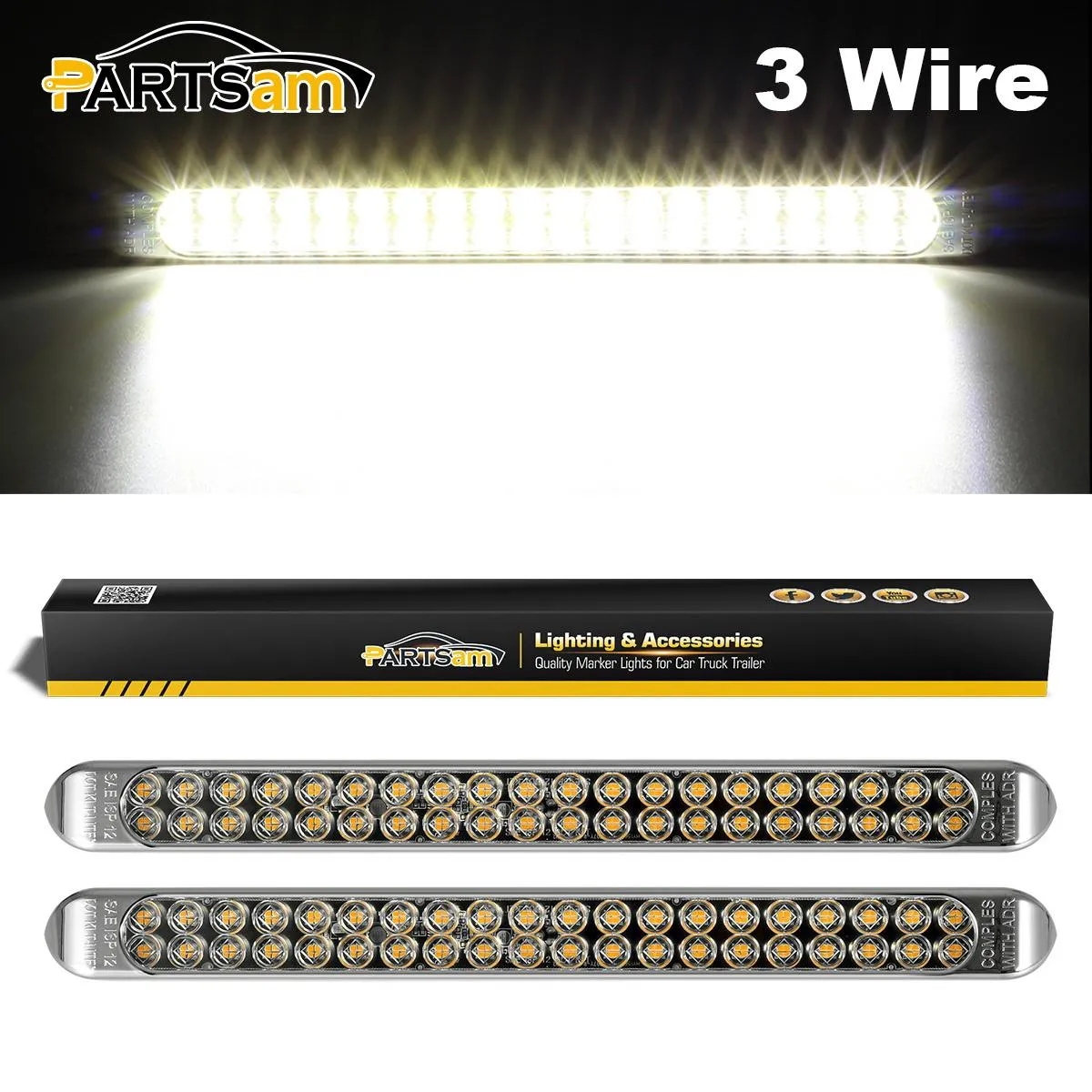 Partsam 2Pcs 17 Inch White Led Truck Trailer Light Bar 40 LED Clear Lens Dual Row, Sealed White 17inch LED Waterproof Light Bar Backup Reverse Dome Interior Marker Lights for Pickup RV