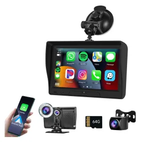 PODOFO Newest Portable Car Stereo with Wireless Carplay Android Auto, 7 inch HD Touchscreen Car Radio Receiver with Dash Camera/Backup Camera, 64G TFCard /Aux , Mirrorlink, FM Transmitter, Voice Control