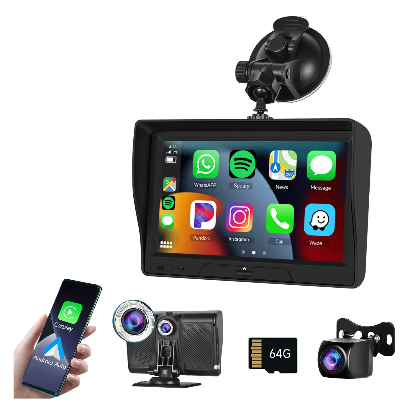 PODOFO Newest Portable Car Stereo with Wireless Carplay Android Auto, 7 inch HD Touchscreen Car Radio Receiver with Dash Camera/Backup Camera, 64G TFCard /Aux , Mirrorlink, FM Transmitter, Voice Control