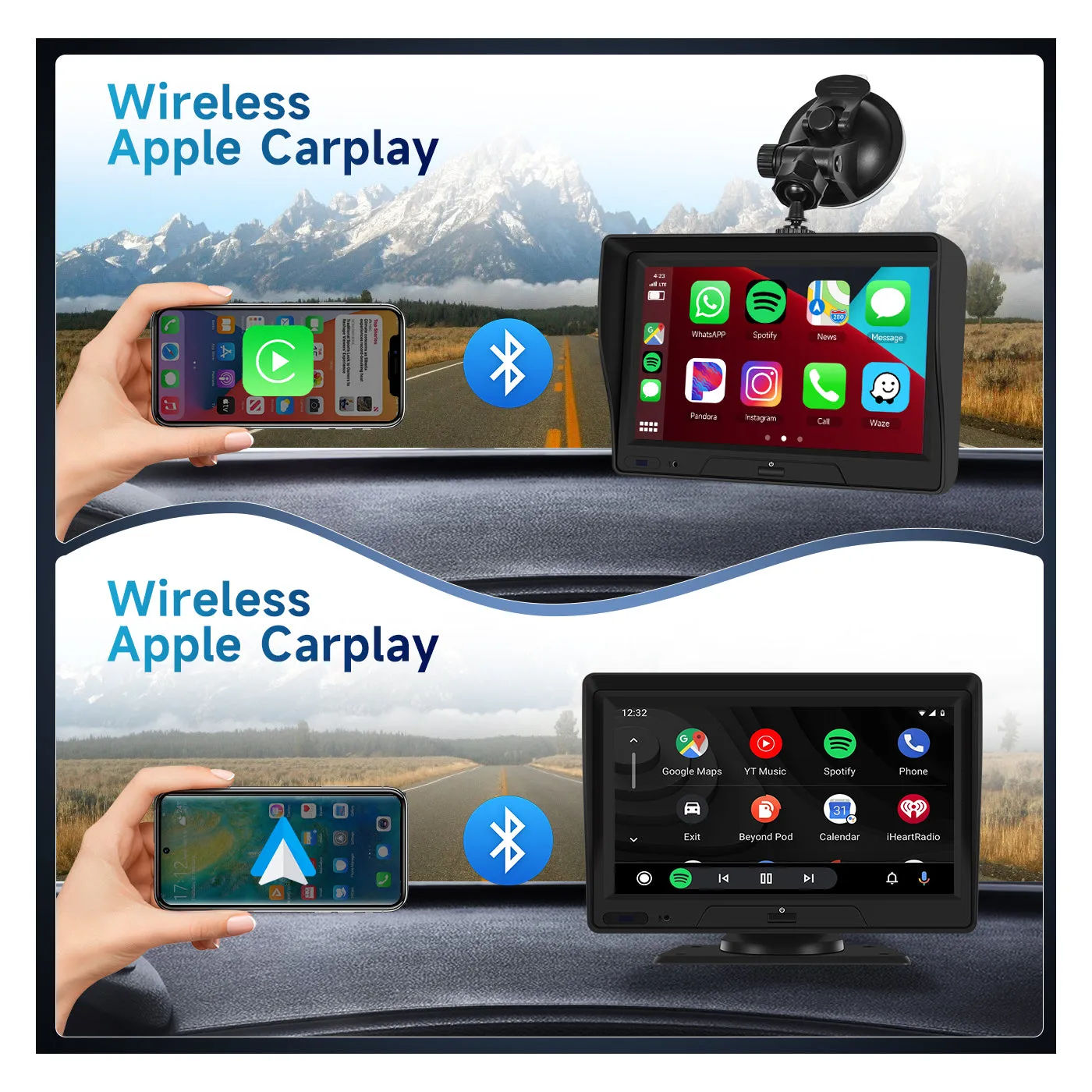 PODOFO Newest Portable Car Stereo with Wireless Carplay Android Auto, 7 inch HD Touchscreen Car Radio Receiver with Dash Camera/Backup Camera, 64G TFCard /Aux , Mirrorlink, FM Transmitter, Voice Control
