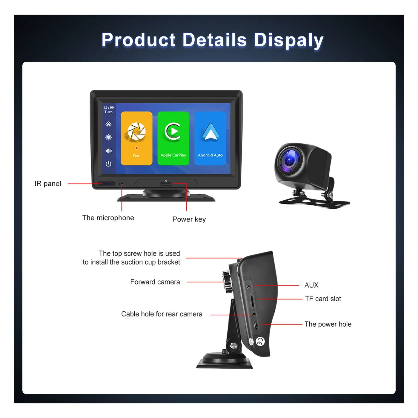PODOFO Newest Portable Car Stereo with Wireless Carplay Android Auto, 7 inch HD Touchscreen Car Radio Receiver with Dash Camera/Backup Camera, 64G TFCard /Aux , Mirrorlink, FM Transmitter, Voice Control