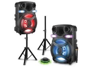 Rechargeable Pair of Wireless 15" Bluetooth LED Speaker Package with Wireless Mic & Party Light