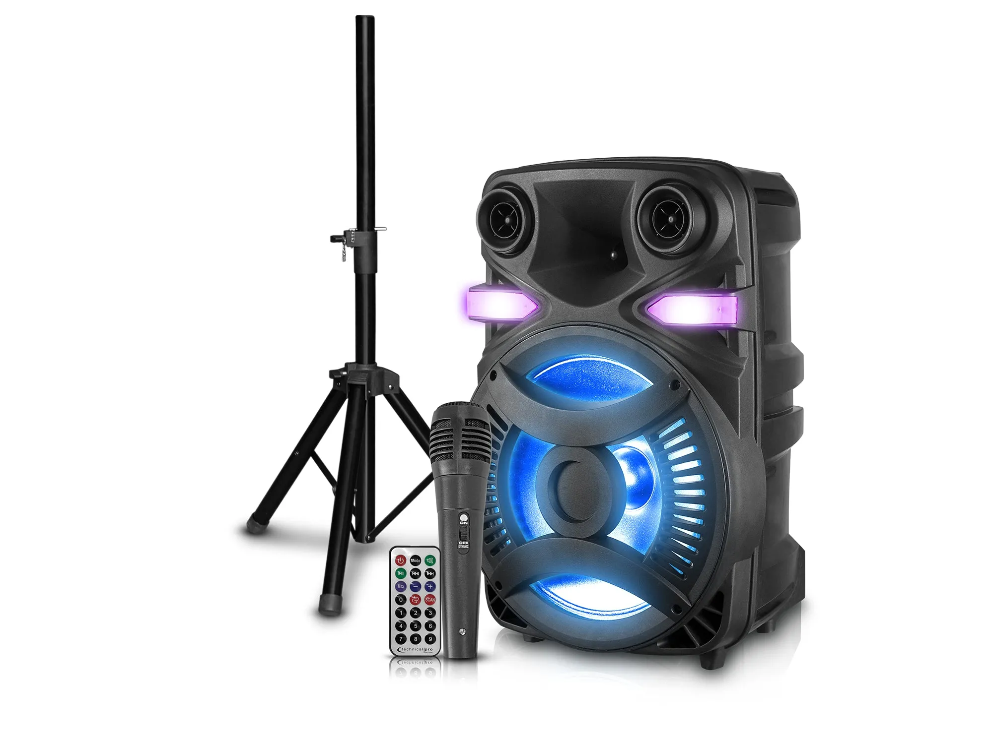 Rechargeable Pair of Wireless 15" Bluetooth LED Speaker Package with Wireless Mic & Party Light