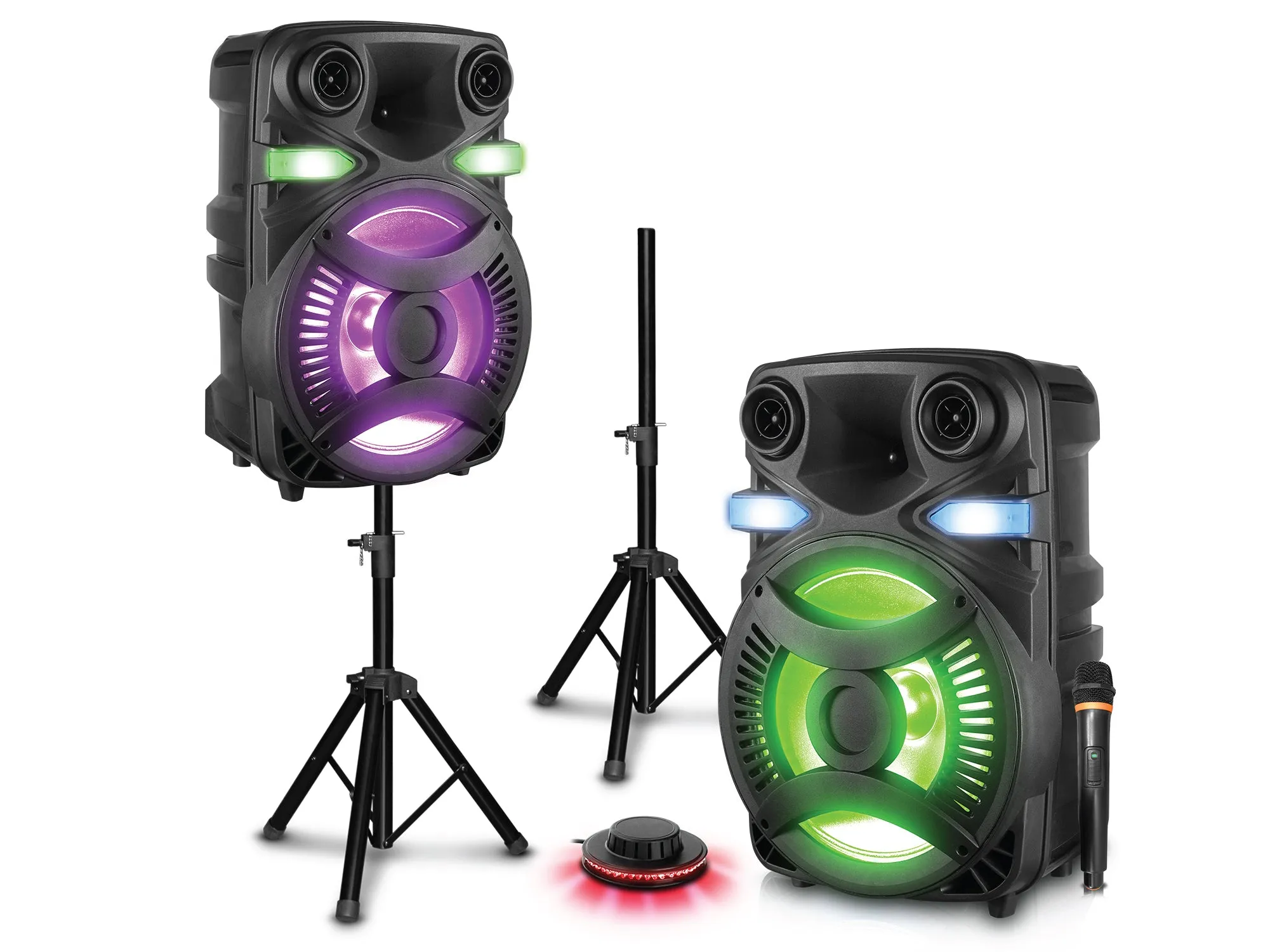 Rechargeable Pair of Wireless 15" Bluetooth LED Speaker Package with Wireless Mic & Party Light